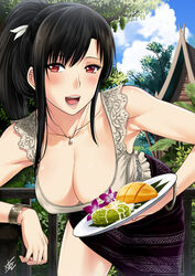  architecture armpits bad_id bad_pixiv_id bangle bare_arms bare_shoulders black_hair blue_sky blush bracelet breasts cleavage cloud cloudy_sky collarbone commentary day english_commentary female flower food highres holding holding_food jewelry large_breasts leaning_forward long_hair looking_at_viewer mango mixed_media necklace open_mouth original outdoors plate ponytail red_eyes rice signature sky smile solo standing tank_top thailand xter 