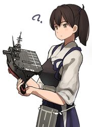  ? blue_skirt brown_eyes brown_hair check_commentary commentary_request dougi female hakama hakama_skirt japan_maritime_self-defense_force japan_self-defense_force japanese_clothes js_kaga_(ddh-184) kaga_(kancolle) kantai_collection machinery military military_vehicle miniature muneate name_connection official_art shibafu_(glock23) ship side_ponytail simple_background skirt solo tasuki vehicle_and_personification warship watercraft white_background 