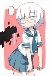  ... censored coin commentary_request dripping female glasses glitch glitch_censor hiro_hiroki holding jitome kilt_hide school_uniform serafuku short_hair simple_background solo spoken_ellipsis suggestive_fluid sweat ueno-san_wa_bukiyou white_eyes white_hair yamashita_(ueno-san_wa_bukiyou) 