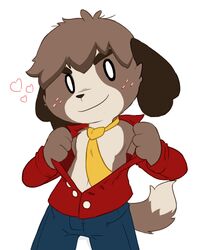  2015 4:5 animal_crossing anthro canid canine canis clothed clothing digby_(animal_crossing) domestic_dog freckles heart_symbol looking_at_viewer male mammal necktie nintendo oob open_clothing open_shirt open_topwear shih_tzu shirt simple_background smile solo standing topwear toy_dog undressing white_background 