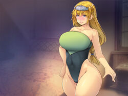  bare_arms bare_legs bare_shoulders bed blonde_hair blue_eyes blurry blurry_background blush breasts covered_navel cowboy_shot crying embarrassed female full-face_blush groin highres huge_breasts indoors legs leotard long_hair looking_at_viewer makeikusa_no_onna-tachi:_hime_to_onna_kishi_no_senpuku-ki original parted_lips sad solo standing tears thick_thighs thighs tiara yoko_jyusuke 