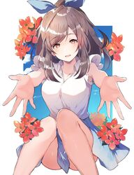  armpit_peek bad_id bad_twitter_id bare_legs blue_bow blue_skirt blue_sky blush bow breasts brown_eyes brown_hair carry_me cloud collarbone collared_shirt day female flower foreshortening hairbow idolmaster idolmaster_shiny_colors kalanchoe large_breasts long_hair looking_at_viewer open_mouth outside_border outstretched_arms ponytail reaching reaching_towards_viewer red_flower shirt simple_background sitting skirt sky sleeveless sleeveless_shirt smile solo swept_bangs tsukioka_kogane ultone_(neisiss) white_background white_shirt wide_ponytail 