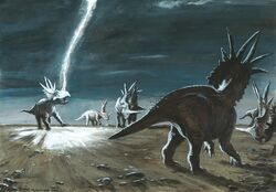  2012 ceratopsian detailed_background dinosaur electricity extinct feral group hi_res horn light lighting lightning ornithischian prehistoric_species quadruped reptile rubeosaurus rubeosaurus_ovatus scalie story story_in_description traditional_media_(artwork) tuomas_koivurinne 