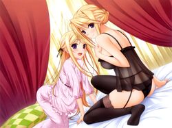  2girls :d age_difference all_fours arm_support ass back bare_shoulders bed black_garter_belt black_panties black_thighhighs blonde_hair blush breasts camisole checkered_pillow curtains dutch_angle flat_chest frills from_side garter_belt hair_bun hair_ribbon half_updo hand_on_own_chest highres indoors komori_kei lace lace-trimmed_legwear lace_trim large_breasts light_smile lingerie lolicon long_hair long_sleeves looking_at_viewer looking_back maria_van_hossen multiple_girls official_art open_mouth pajamas panties photoshop_(medium) pillow polka_dot princess_lover purple_eyes ribbon see-through short_hair siblings sidelocks silvia_van_hossen single_hair_bun sisters sitting smile sunlight thighhighs underwear underwear_only very_long_hair 