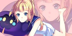  alternate_eye_color bare_shoulders barefoot blonde_hair blue_eyes blunt_bangs commentary_request cosmog feet female highres lillie_(pokemon) looking_at_viewer lying on_stomach pillow pokemon pokemon_(creature) pokemon_sm ponytail pout satou_iruno school_uniform skirt sleeveless soles zoom_layer 