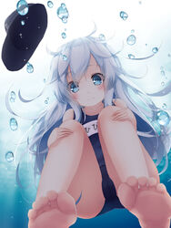  air_bubble barefoot blue_eyes bubble commentary_request feet female gengetsu_chihiro hat hat_loss hibiki_(kancolle) kantai_collection long_hair one-piece_swimsuit photoshop_(medium) school_swimsuit smile soles submerged swimsuit toes underwater unworn_hat unworn_headwear white_hair 