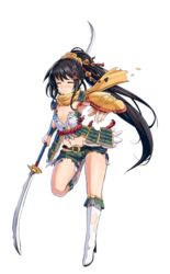  armor armpits black_hair blush boots breastplate breasts broken_spear closed_eyes coin_hair_ornament double-sided_polearm female full_body green_shorts hair_ornament hairpin high_heel_boots high_heels holding holding_polearm holding_weapon iwabitsu_(oshiro_project) kekemotsu long_hair midriff naginata navel official_art orange_scarf oshiro_project:re polearm ponytail scarf short_shorts shorts sleeveless small_breasts solo tearing_up torn_boots torn_clothes torn_scarf torn_shorts transparent_background very_long_hair weapon white_footwear white_legwear 