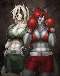  2012 abs absurd_res akita anthro avoid_posting big_breasts blue_eyes boxing boxing_gloves breasts canid canine canis cleavage clothed clothing domestic_dog duo elnora_magner female gloves green_eyes hair handwear hi_res luka_cross mammal midriff muscular muscular_female red_hair spitz sport strype wolf 