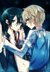  2boys black_eyes black_hair blonde_hair commentary_request eugeo green_eyes jianmo_sl kirito male_focus multiple_boys open_clothes open_shirt shirt sword_art_online 