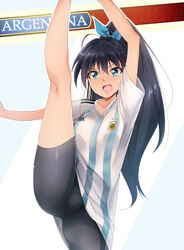  2018_fifa_world_cup :d adidas antenna_hair argentina argentinian_flag argentinian_flag_print asociacion_de_futbol_argentina bike_shorts black_hair black_shorts blue_shirt blue_sky cloud commentary_request cowboy_shot earrings female flag_print ganaha_hibiki high_ponytail highres hoop_earrings idolmaster idolmaster_(classic) jewelry kaiga kneepits leg_up looking_at_viewer oerba_yun_fang open_mouth photoshop_(medium) ponytail shirt shorts sky smile soccer soccer_uniform solo split sportswear standing standing_on_one_leg standing_split striped_clothes striped_shirt vertical-striped_clothes vertical-striped_shirt white_shirt world_cup 