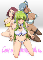  3girls bikini blue_eyes breasts c.c. cleavage code_geass dark-skinned_female dark_skin detached_collar fishnets front-tie_top green_hair grey_hair highres holding_hands kaname_aomame kouzuki_kallen large_breasts lipstick long_hair looking_at_viewer makeup multiple_girls photoshop_(medium) red_hair short_hair side-tie_bikini_bottom sitting smile swimsuit tatami thighhighs villetta_nu wariza white_bikini yellow_bikini yellow_eyes 