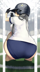  ass barefoot baseball_bat baseball_helmet black_gloves black_hair blue_buruma blue_eyes breasts buruma commentary_request female gloves gym_uniform helmet highres holding holding_baseball_bat kawakami_masaki long_hair looking_back medium_breasts metal_baseball_bat pantylines pov saten_ruiko solo squatting toaru_kagaku_no_railgun toaru_majutsu_no_index 