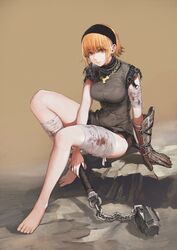  absurdres bandage barefoot blonde_hair blood feet female female flail gauntlets hairband highres injury jewelry jun_(seojh1029) legs morning_star necklace original red_eyes rock short_hair short_shorts shorts sitting smile solo toes weapon 