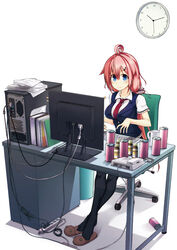  ahoge at_computer blue_eyes bottle can chair clock commentary_request computer cover cover_page cup female hair_ornament ikinokore!_shachiku-chan long_hair looking_at_viewer mug necktie office_chair phone pink_hair sakura_ouka sitting smile solo swivel_chair yuuki._(limit) 