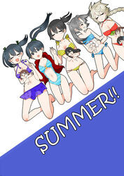  6+girls :d =_= akagi_(kancolle) alternate_costume amagi_(kancolle) asymmetrical_hair bad_id bad_twitter_id bare_shoulders bikini bikini_under_clothes black_hair blue_bikini blue_hair blue_one-piece_swimsuit blush braid breasts brown_hair character_doll chibi cleavage closed_eyes collarbone commentary_request flower full_body gradient_hair green_hair green_ribbons grey_hair grin hair_between_eyes hair_flower hair_ornament hair_ribbon hiryuu_(kancolle) houshou_(kancolle) jacket jumping kaga_(kancolle) kantai_collection katsuragi_(kancolle) large_breasts legs_up long_hair medium_breasts multicolored_hair multiple_girls navel one-piece_swimsuit open_mouth ponytail red_bikini red_jacket ribbon short_hair shoukaku_(kancolle) side-tie_bikini_bottom side_ponytail simple_background single_braid small_breasts smile souryuu_(kancolle) swimsuit teeth track_jacket twintails unryuu_(kancolle) very_long_hair white_ribbon yoichi_(umagoya) zuikaku_(kancolle) 