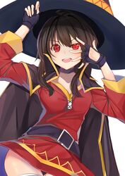  :d belt black_belt black_gloves cape chuunibyou collar commentary commission dress english_commentary female fingerless_gloves gloves hat highres holding holding_staff kono_subarashii_sekai_ni_shukufuku_wo! looking_at_viewer megumin open_mouth panties pantyshot pose red_dress red_eyes short_hair_with_long_locks simple_background smile solo staff teeth underwear upper_teeth_only white_background witch_hat xhunzei 