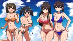  4girls akagi_(kancolle) alternate_costume bare_arms bare_legs bare_shoulders bikini breasts cleavage cloud cloudy_sky commentary_request day highres hiryuu_(kancolle) kaga_(kancolle) kantai_collection large_breasts long_hair multiple_girls navel outdoors senshiya shiny_skin short_hair side_ponytail sky souryuu_(kancolle) swimsuit twintails 