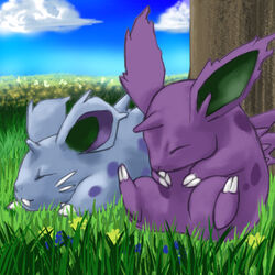  closed_eyes clouds grass nidoran no_humans pokemon sleeping tree zeroshiki_kouichi 