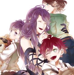  3boys age_difference bags_under_eyes belt blush brown_hair carrying choker closed_eyes closed_mouth cordelia_(diabolik_lovers) diabolik_lovers dress elbow_gloves eyepatch family fangs female gloves hug knees_up lolicon long_hair looking_at_another looking_at_viewer mayu_syulv mother_and_son one_eye_closed open_mouth profile purple_eyes purple_hair red_hair sakamaki_ayato sakamaki_kanato sakamaki_laito simple_background sitting smile stuffed_animal suspenders teddy_(diabolik_lovers) teddy_bear upper_body vampire white_background younger 