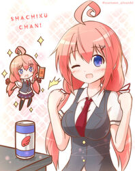  ;d ahoge blue_eyes bottle chibi commentary_request copyright_name drink female hair_between_eyes hair_ornament highres ikinokore!_shachiku-chan long_hair looking_at_viewer necktie one_eye_closed open_mouth pink_hair sakura_ouka smile table teeth upper_teeth_only yurume_atsushi 