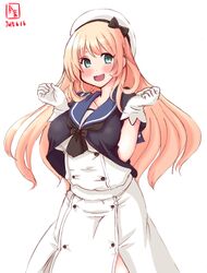  alternate_costume artist_logo atago_(kancolle) blonde_hair blue_eyes blue_sailor_collar breasts commentary_request cosplay cowboy_shot dated dress female gloves green_eyes hat highres jervis_(kancolle) jervis_(kancolle)_(cosplay) kanon_(kurogane_knights) kantai_collection large_breasts long_hair look-alike looking_at_viewer open_mouth sailor_collar sailor_dress sailor_hat short_sleeves simple_background solo touyama_nao voice_actor_connection white_background white_dress white_gloves white_hat 