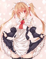  alternate_costume apron bare_shoulders brown_eyes brown_hair choker commentary_request cosplay detached_sleeves enmaided female frills highres kantai_collection long_hair maid maid_headdress murasame_(kancolle) myucel_foalan myucel_foalan_(cosplay) narumiya_(empty_cafe) outbreak_company skirt skirt_hold smile solo thighhighs twintails 