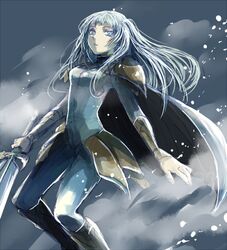  armor bodysuit claymore_(series) cloud commentary_request dietrich female grey_eyes imasara404ter long_hair snow solo sword weapon white_hair 