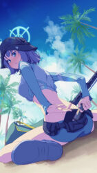  bikini black_hat blue_archive blue_bikini blue_eyes blue_footwear blue_hair blue_halo blue_sky bucket_hat cloud commentary_request female halo hat highres holding looking_at_viewer looking_back palm_tree saishichi saki_(blue_archive) saki_(swimsuit)_(blue_archive) sky solo swimsuit tree 