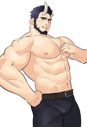  1boy abs bara beard belt black_pants broken_horn buckle bulge demon_boy demon_horns facial_hair hand_up highres horns kansuke_(kansuke_717) large_pectorals leather_belt live_a_hero looking_at_viewer male_focus mature_male muscular muscular_male navel nessen_(live_a_hero) nipples pants pectorals pointy_ears short_hair smile solo stomach strongman_waist topless_male white_background 