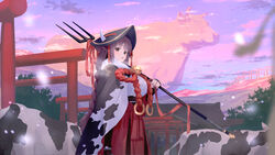  animal animal_ears animal_print bell blue_sky bovine braid breasts brown_eyes brown_hair chinese_zodiac commentary cow_ears cow_girl cow_horns cow_print day female flower_knot from_side giant hakama hakama_skirt hand_up hat highres holding horns horns_through_headwear japanese_clothes jingle_bell large_breasts long_hair looking_at_viewer looking_to_the_side multiple_torii open_mouth original outdoors oversized_animal polearm red_skirt sideways_glance skirt sky solo torii trident wasabi60 weapon year_of_the_ox 