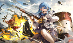  2girls ahoge aircraft akm assault_rifle blue_eyes blue_hair blue_nails boots breasts cartridge cleavage detached_sleeves dress ear_piercing explosion green_eyes gun hair_between_eyes hair_ornament helicopter highres holding holding_gun holding_weapon hololive hoshimachi_suisei hoshimachi_suisei_(school_uniform) jacket kalashnikov_rifle kito_koruta large_breasts long_hair long_sleeves magazine_(weapon) micomet_(hololive) mouth_hold multiple_girls official_alternate_costume open_clothes open_jacket open_mouth outdoors piercing pleated_skirt pom_pom_(clothes) pom_pom_hair_ornament puffy_long_sleeves puffy_sleeves red_dress red_hair ribbon rifle sailor_collar sakura_miko sakura_miko_(work) short_sleeves skirt smoke star_(symbol) star_in_eye symbol_in_eye thigh_boots virtual_youtuber weapon white_footwear white_jacket yellow_ribbon 