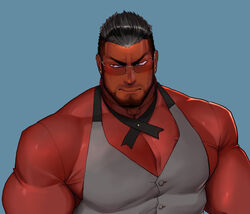  1boy bad_id bad_pixiv_id bara beard biceps black_hair collared_shirt cross_tie dark-skinned_male dark_skin ear_piercing facial_hair formal glasses kuromine_hiraya large_pectorals looking_to_the_side male_focus manly mature_male muscular muscular_male original pectoral_cleavage pectorals piercing red_eyes shirt solo spiked_hair suit thick_arms thick_eyebrows tight_clothes upper_body veins 