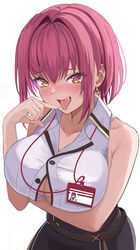  alternate_hairstyle arm_under_breasts black_skirt breasts cleavage collared_shirt earrings female gold_earrings heart heart-shaped_pupils heterochromia high-waist_skirt highres hololive houshou_marine houshou_marine_(businesswoman) id_card jewelry large_breasts looking_at_viewer oerba_yun_fang official_alternate_costume official_alternate_hairstyle open_mouth partially_unbuttoned red_eyes red_hair shirt short_hair single_earring skirt sleeveless sleeveless_shirt symbol-shaped_pupils tongue tongue_out tonton_utaro triangle_earrings virtual_youtuber white_background white_shirt yellow_eyes 