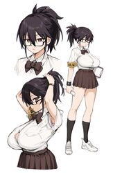  armband armpits black-framed_eyewear black_bow black_bowtie black_hair black_skirt black_socks black_wristband bow bowtie bra bralines breasts bright_pupils brown_eyes button_gap clipboard collared_shirt commentary_request female glasses highres holding holding_clipboard holding_ruler kazama_ritsuko large_breasts long_hair multiple_views original pleated_skirt ponytail school_uniform semi-rimless_eyewear shirt shirt_tucked_in shoes short_sleeves skirt sneakers socks sweatband try_(lsc) tying_hair underwear watch white_bra white_footwear white_pupils white_shirt wristband wristwatch yellow_armband 