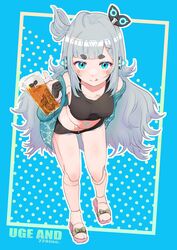  :q absurdres alcohol and_uge android beer beer_mug black_shorts blue_background blue_eyes blue_shirt blunt_bangs blush breasts character_name closed_mouth commentary_request copyright_name cup female full_body grey_hair hairpods heibon_banana highres joints leaning_forward long_hair looking_at_viewer medium_bangs medium_breasts midriff mug nanashi_inc. off_shoulder one_side_up open_clothes open_shirt outline pink_footwear robot_joints sandals shirt shorts smile solo thick_eyebrows tongue tongue_out virtual_youtuber white_outline winding_key 