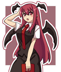  :o arm_behind_head bat_wings black_skirt black_vest blush book border breasts collared_shirt cowboy_shot female hair_between_eyes head_wings holding holding_book koakuma long_hair looking_at_viewer medium_breasts necktie one-hour_drawing_challenge open_mouth outline red_background red_eyes red_hair red_necktie renshirenji shirt short_sleeves sidelocks simple_background skirt skirt_set solo touhou very_long_hair vest white_border white_outline white_shirt wings 