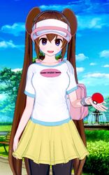  3d baseball_cap blue_eyes bright_pupils brown_hair double_bun female fountain green_background hair_bun hat koikatsu_(medium) kondara long_hair looking_at_viewer outdoors pantyhose park poke_ball pokemon pokemon_bw2 rosa_(pokemon) shirt skirt solo twintails visor_cap yellow_skirt 