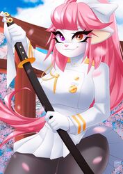  5_fingers anthro big_breasts breasts cherry_blossom clothing dannyckoo female fingers flower hair heterochromia hi_res mammal melee_weapon orange_eyes outside pink_hair plant prunus_(flower) purple_eyes signature smile solo sword teeth tresertf weapon 