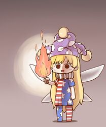  :d @_@ american_flag_dress american_flag_legwear chibi clownpiece creepy_eyes fairy_wings female fire hat holding holding_torch jester_cap looking_at_viewer open_mouth pantyhose polka_dot polka_dot_headwear poronegi purple_hat short_sleeves smile solo standing torch touhou wings 