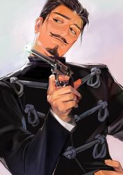  1boy aged_down black_eyes black_hair buttons collared_jacket commentary_request facial_hair finger_on_trigger goatee golden_kamuy gun handgun highres holding holding_gun holding_weapon jacket kajibaji long_sleeves looking_to_the_side male_focus military military_uniform moustache revolver scar scar_on_face short_hair sideburns simple_background solo tsurumi_tokushirou uniform upper_body weapon 