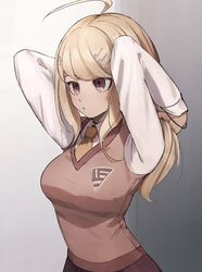  :o absurdres ahoge akamatsu_kaede arms_behind_head arms_up blonde_hair bojue_(hakus_1128) breasts collared_shirt commentary_request cowboy_shot danganronpa_(series) danganronpa_v3:_killing_harmony eighth_note female gradient_background grey_background hair_ornament hair_tie hands_in_hair highres large_breasts long_hair long_sleeves looking_at_viewer medium_breasts musical_note musical_note_hair_ornament necktie open_mouth orange_necktie pleated_skirt shirt skirt solo sweater_vest tying_hair 