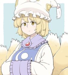  animal_ears blonde_hair blue_background border brooch closed_mouth dress female fox_ears fox_tail hands_in_opposite_sleeves jewelry kitsune long_sleeves looking_at_viewer multiple_tails poronegi short_hair solo tabard tail touhou white_border white_dress yakumo_ran yellow_eyes 