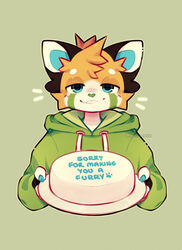  ailurid anthro blue_eyes cake claws clothing conditional_dnp dessert english_text female food fur half-closed_eyes hi_res humor jinxit looking_at_viewer mammal narrowed_eyes orange_body orange_fur pocky_(jinxit) red_panda smile smirk solo sweatshirt text 