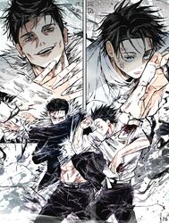  2boys abs absurdres black_hair fighting forehead fur_trim highres ishigori_ryu jujutsu_kaisen multiple_boys okkotsu_yuuta yoon_(dmsco1803) 