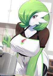  big_breasts breasts cleavage clothed clothing cooking cooking_pot female gardevoir generation_3_pokemon green_hair hair hi_res kitchen nintendo not_furry pokemon pokemon_(species) sana!rpg solo white_body 