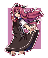  bat_wings black_skirt black_vest blush book border breasts collared_shirt cowboy_shot cropped_legs female hair_between_eyes head_wings holding holding_book koakuma long_hair looking_at_viewer looking_to_the_side low_wings medium_breasts necktie one-hour_drawing_challenge outline outstretched_arm pink_background red_eyes red_hair red_necktie renshirenji shirt short_sleeves sidelocks simple_background skirt skirt_set smile solo touhou very_long_hair vest white_border white_outline white_shirt wings 