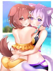  ahoge animal_ears ass bikini black_bikini blush bone_hair_ornament border brown_eyes brown_hair cartoon_bone cat_ears cat_girl cat_tail cowboy_shot crossed_bangs dog_ears dog_girl dog_tail extra_ears hair_between_eyes hair_ornament hand_on_another&#039;s_ass highres hololive hug inugami_korone long_hair midriff multiple_girls nekomata_okayu outdoors purple_eyes purple_hair short_hair swimsuit tail takumin_dx virtual_youtuber white_border yellow_bikini 