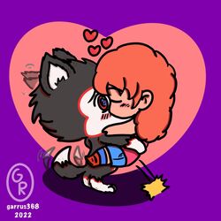  1:1 2022 anthro black_body black_fur blush canid canine canis chibi domestic_dog duo female fur garrus368 gokan_(gokanthehusky) hair heart_symbol hi_res hug human husky interspecies jumping kissing male male/female mammal meehan_(garrus368) nordic_sled_dog red_hair romantic romantic_couple spitz white_body white_fur 