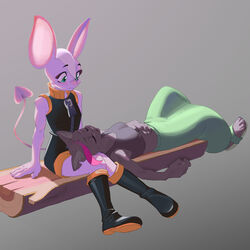  1:1 absurd_res anthro bat blush boots closed_eyes clothing domestic_cat duo felid feline felis female footwear green_eyes grey_background head_on_lap hi_res kemari ko-mori mammal on_lap simple_background sitting sleeveless spade_tail tail 