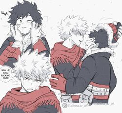  2boys 7th_popularity_poll_(boku_no_hero_academia) athena_av bag bakugou_katsuki belt blush boku_no_hero_academia breath coat commentary english_commentary english_text eye_contact freckles fur-trimmed_coat fur-trimmed_headwear fur_trim gloves green_eyes hand_on_another&#039;s_arm hands_on_another&#039;s_cheeks hands_on_another&#039;s_face hat highres instagram_logo instagram_username long_sleeves looking_at_another looking_at_viewer male_focus midoriya_izuku multiple_boys multiple_views official_alternate_costume one_eye_closed open_mouth profanity red_eyes red_scarf scarf short_hair simple_background spot_color thought_bubble twitter_logo twitter_username upper_body watermark white_background yaoi 